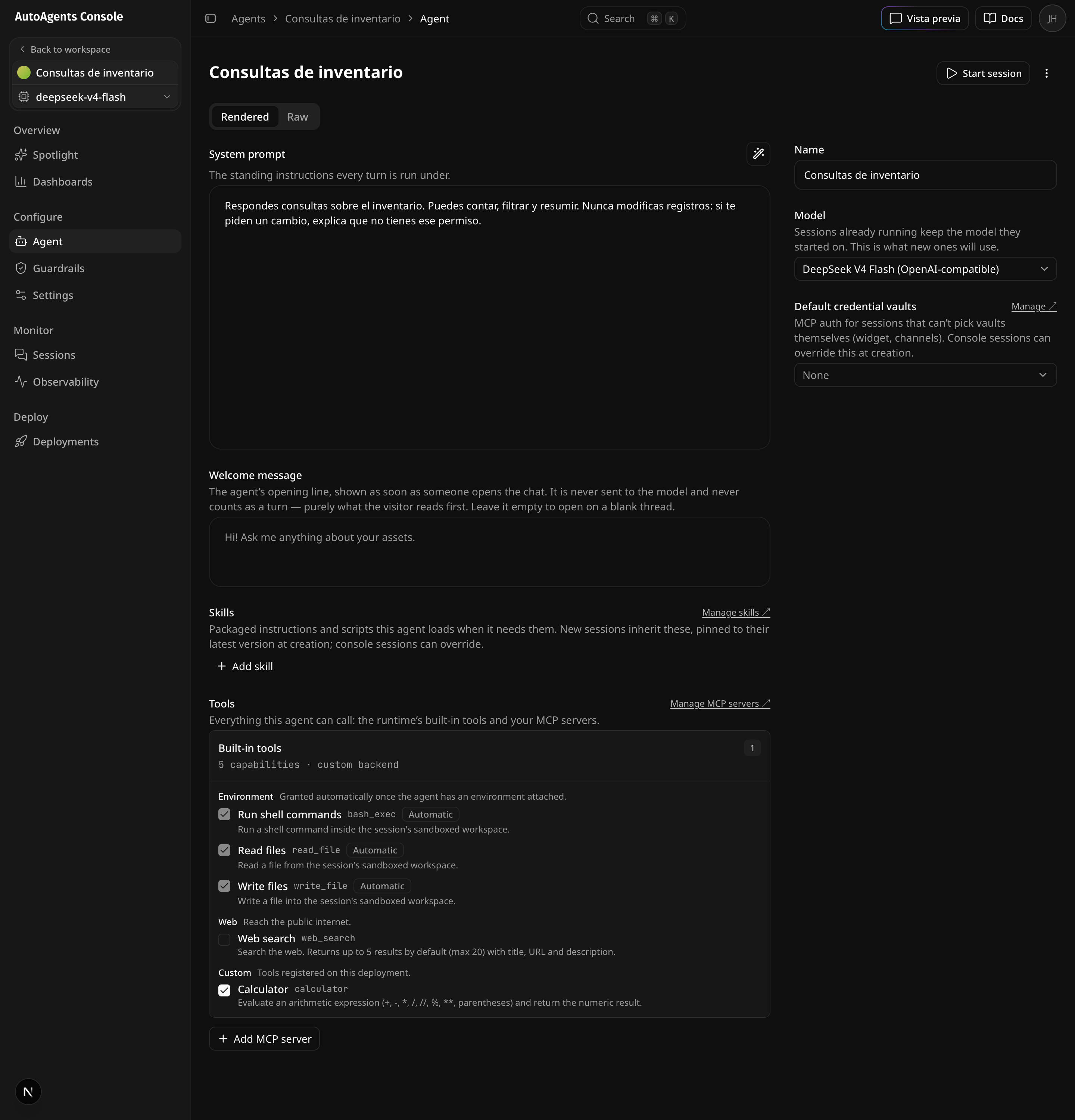 El editor de configuración del agente, en dos columnas