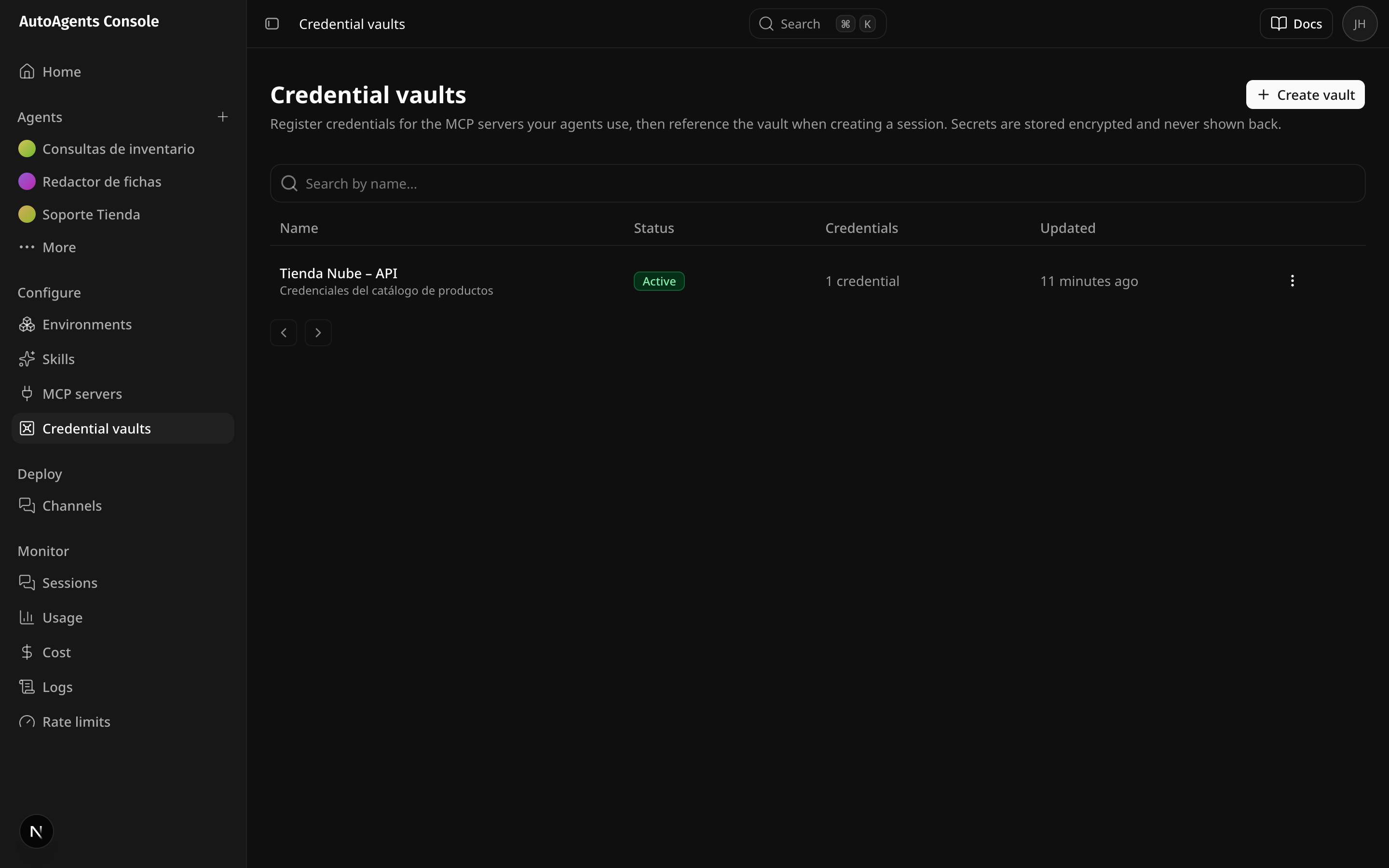 La lista de vaults de credenciales