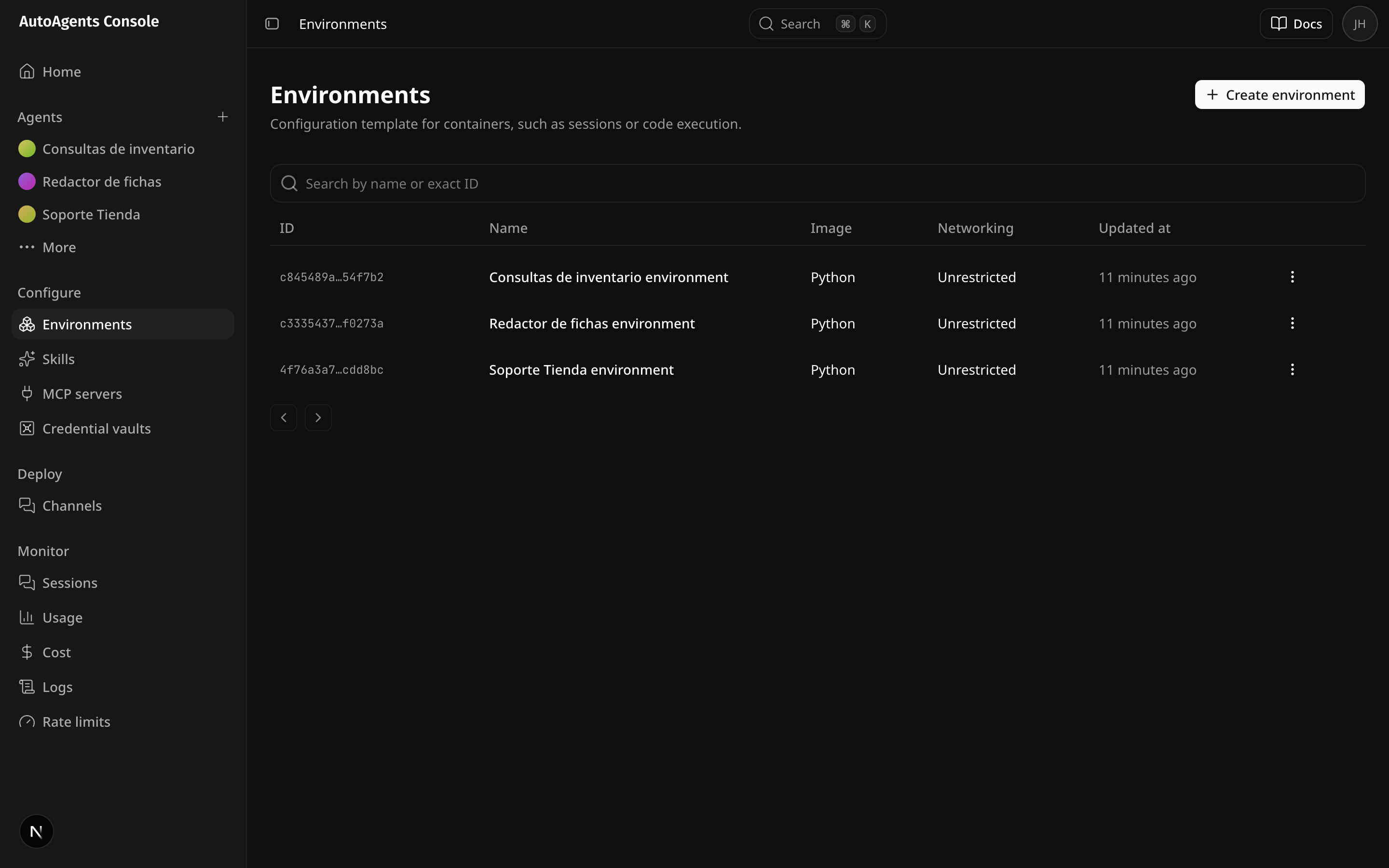 La lista de entornos