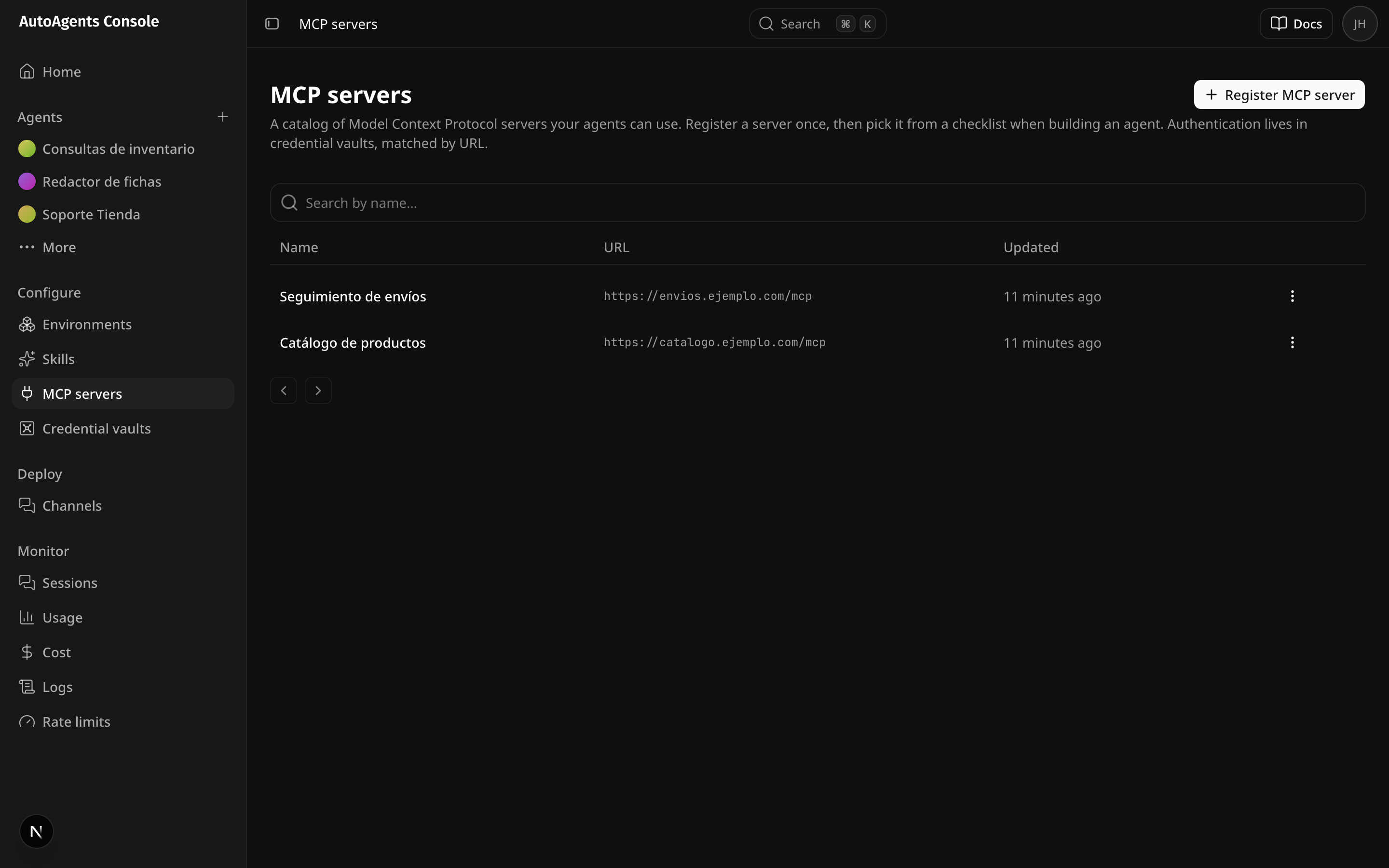 La lista de servidores MCP registrados