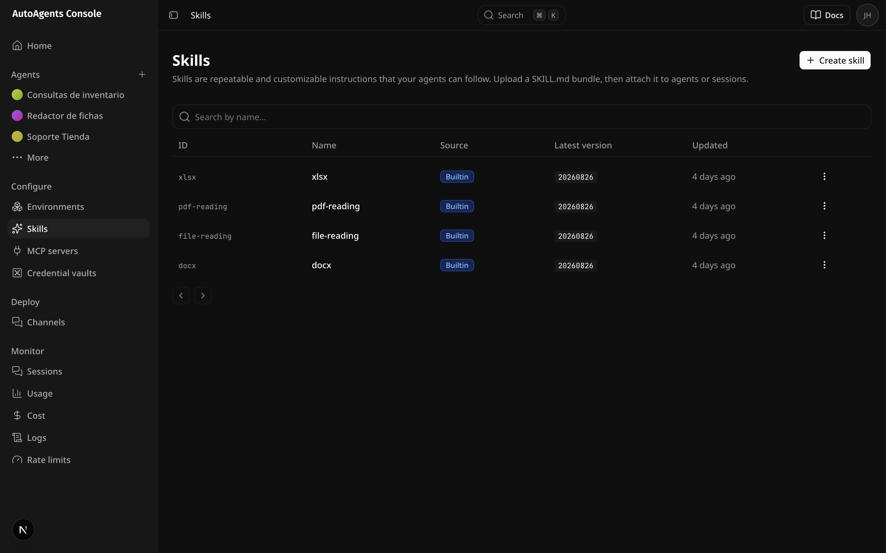 La lista de skills, con las cuatro que trae la plataforma de fábrica