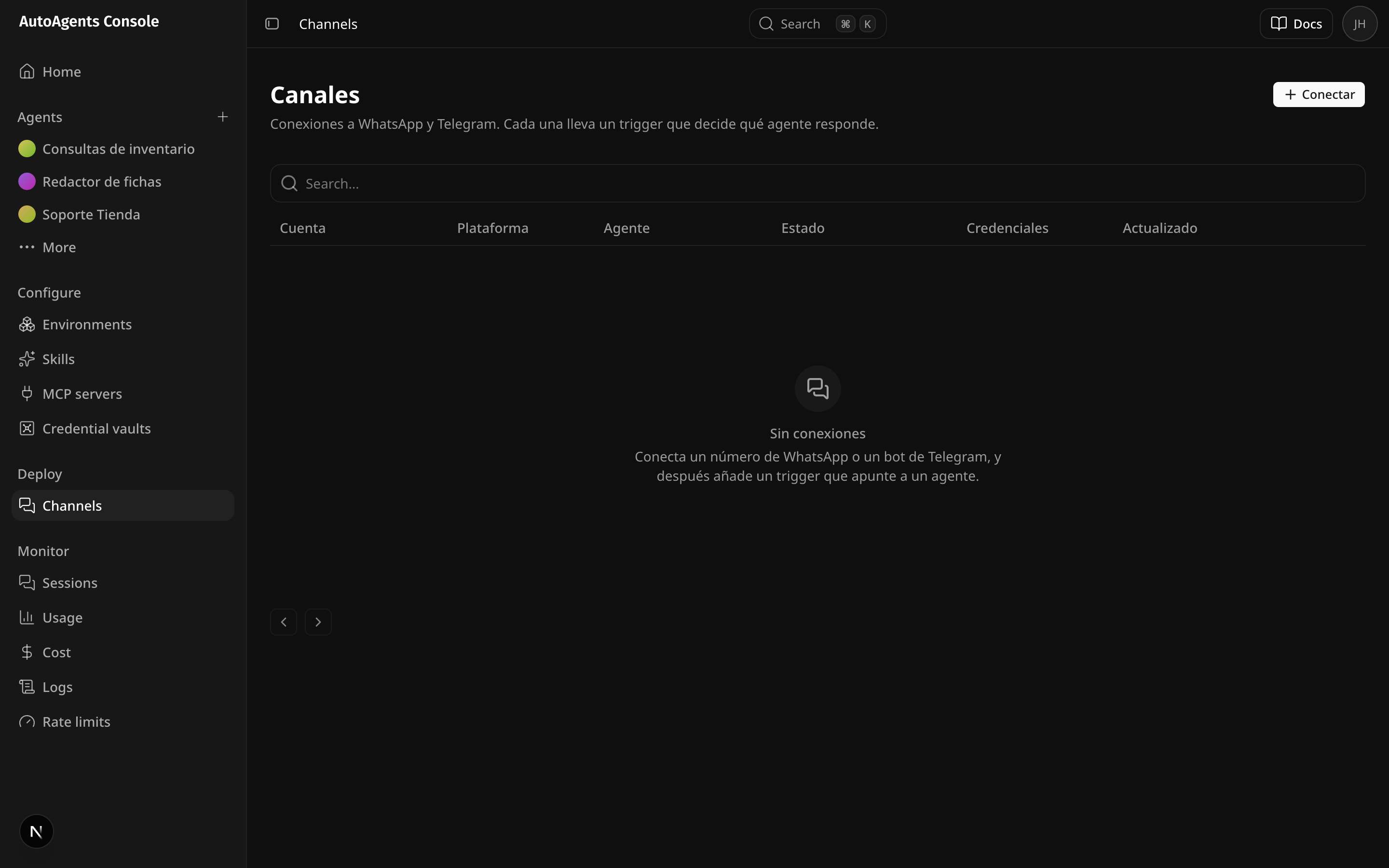 La lista de canales, con el estado de cada conexión