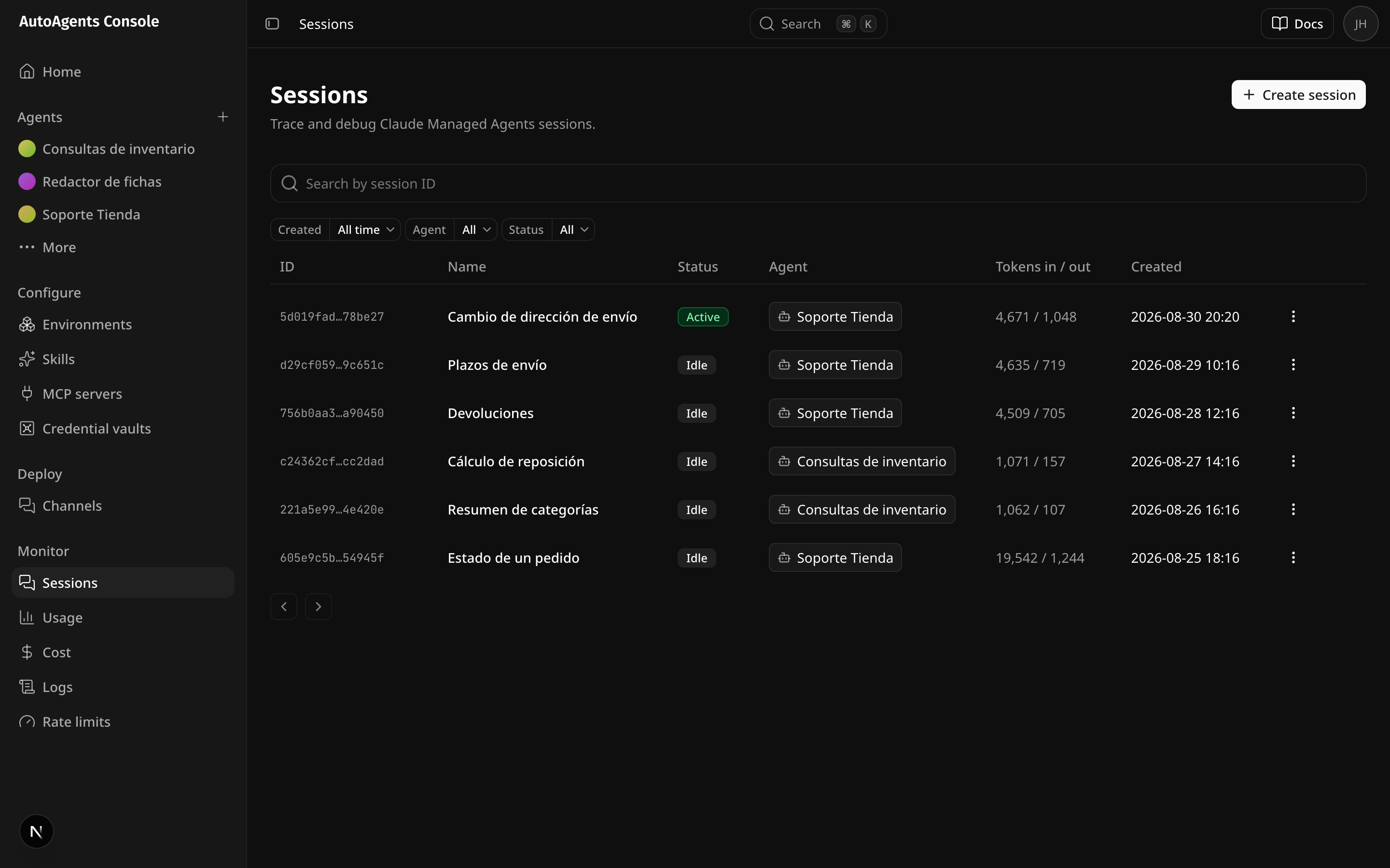 La lista de sesiones, con duración, turnos y tokens por conversación