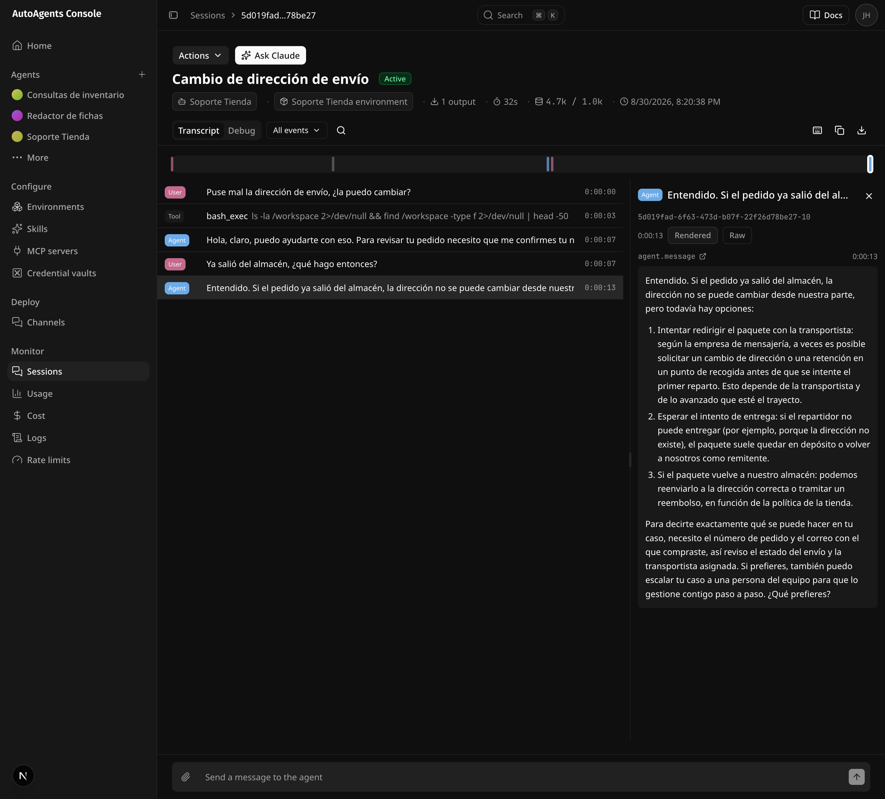 La transcripción de una sesión, con lo que se pidió y lo que respondió el agente